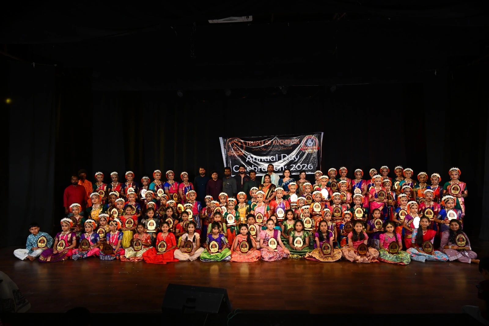 Large annual day group photo with Temple of Kuchipudi students and mentors